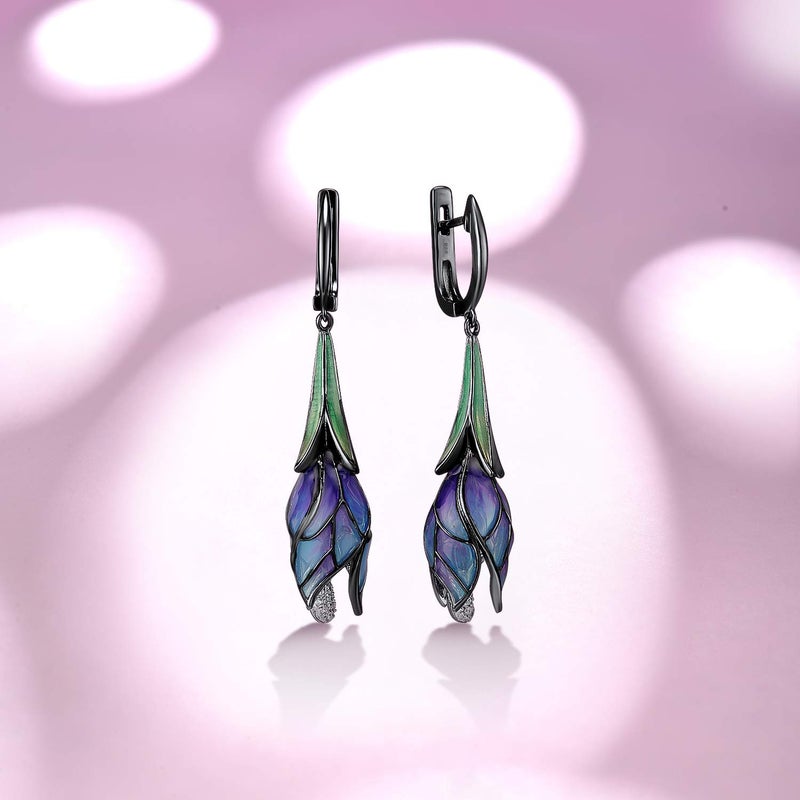 Santuzza Tulip Earrings 925 Sterling Silver Enamel Floral Drop Earrings Purple Flower Dangle Earrings for Women (Latch Back) - Image 2